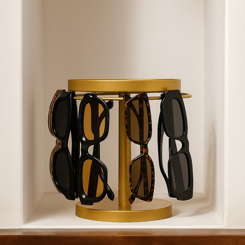 Halo Stand in nook of bedroom with sunglasses on